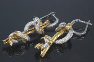 aLEm Earrings Snake on tree of the collection Wild Life by alain LE mondial, 925/- Silver partially gold plated, partially rhodium plated, leverback with Cubic Zirconia,approx size high 50,0mm, wide 15,0mm, thickness 12,2mm,