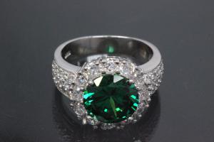 aLEm Ring with small white and big emerald green Zirconia 925/- Silver rhodium plated