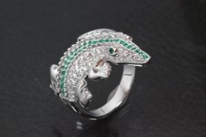 aLEm Ring Crocodile 925/- Silver rhodium plated with white and emerald green Cubic Zirconia