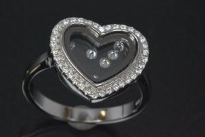 aLEm Ring heart with moving Zirconia between two glasses  in the center 925/- Silver rhodium plated