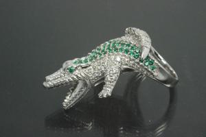 aLEm Ring Angreifendes Krokodil - Attacking Crocodile mit weißen und grünen Zirkonia gefasst, 925/- Silber rhodiniert und poliert