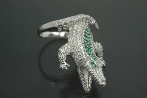 aLEm Ring Angreifendes Krokodil - Attacking Crocodile mit weißen und grünen Zirkonia gefasst, 925/- Silber rhodiniert und poliert