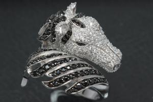 aLEm Ring Horse Head - Wild Mustang 925/- Silver rhodium plated, with white/black Cubic Zirconia
