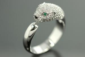 aLEm Ring Black Cougar 925/- Silver rhodium plated, with white/green Cubic Zirconia