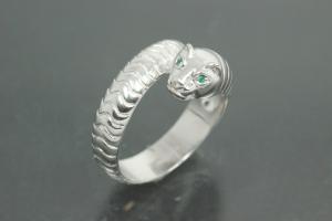 aLEm Ring Sneaking Tiger 925/- Silver rhodium plated, with white/emerald green Cubic Zirconia