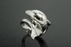 aLEm Ring Dolphin 925/- Silver rhodium plated, with white Cubic Zirconia